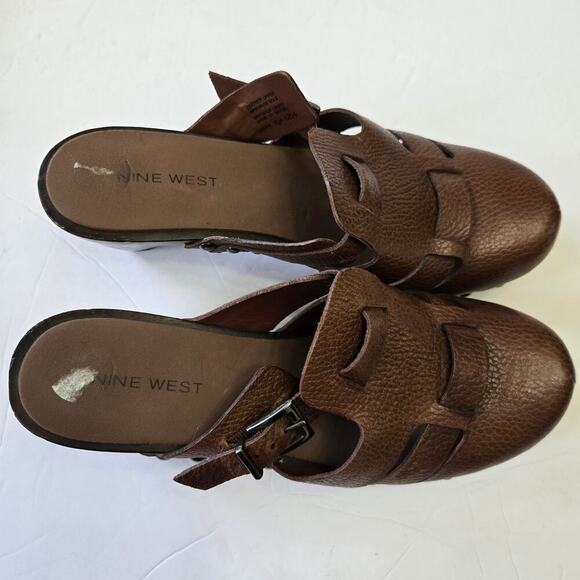 Nine West Brown Leather Clogs Size 6M Studded Buckle Vtg Y2K Boho Western Mules - Picture 8 of 10